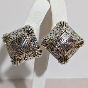 Vtg Silver/Gold Two-Tone Square Chunky Metal Filigree Earrings 80s